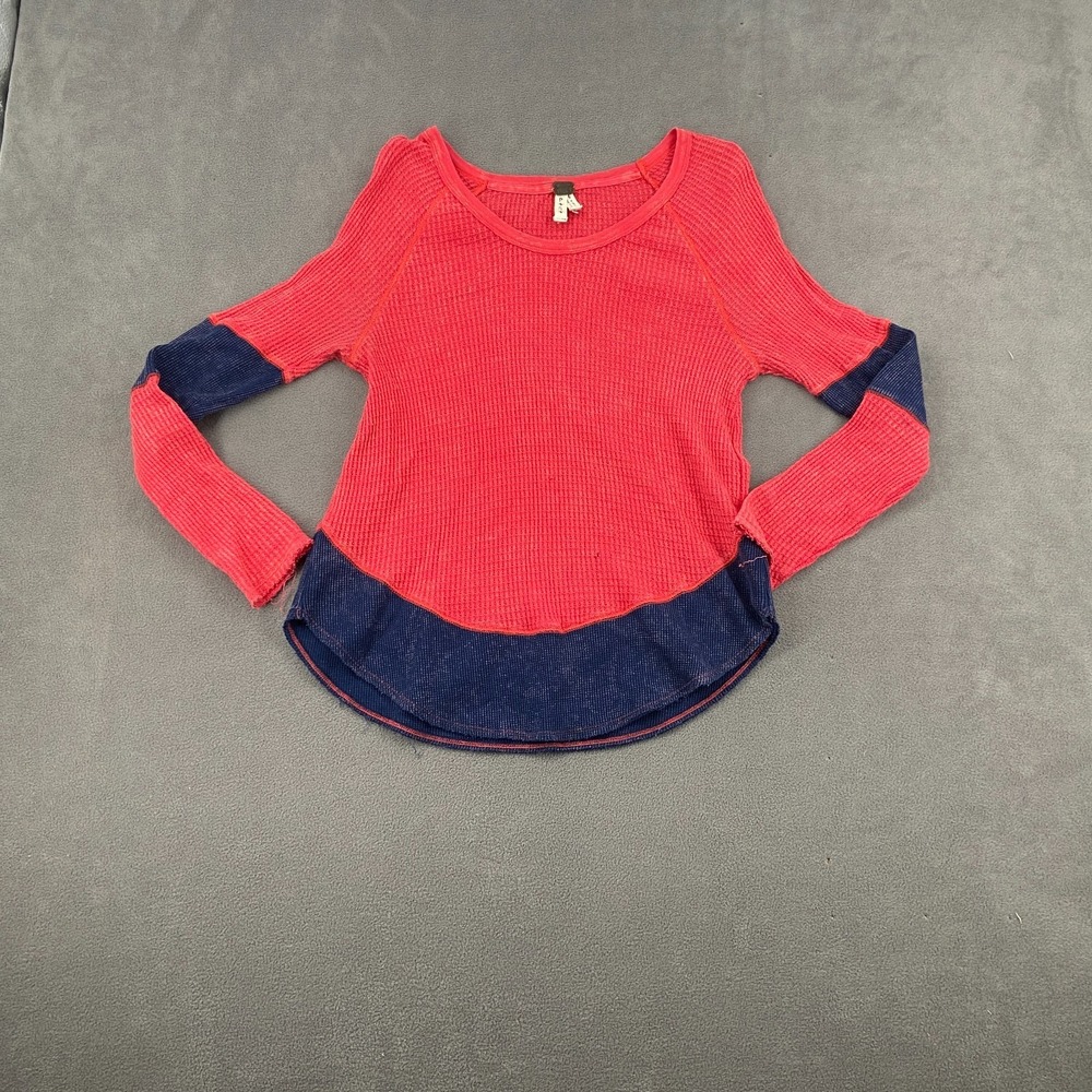 Free People We The Free Thermal Waffle Knit Top Womens Small Red Blue Colorblock
